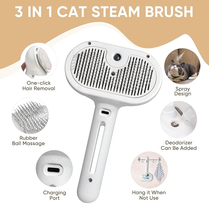 3-in-1 Cat Steam Brush – Pet Grooming & Shedding Comb with Gentle Steam Spray, One-Click Hair Release, for Long & Short Hair Cats & Dogs (White)-PurrikoPets