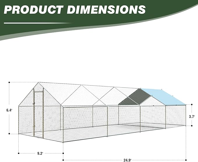 4ever2buy Large Metal Chicken Coop with Run Walk-in Poultry Cage Chicken Runs House Pen Cage Spire Roofed Chicken Coops with Anti-Ultraviolet Cover for Outdoor Backyard Farm Use 9.5’Lx24.9’Wx6.4’H-PurrikoPets