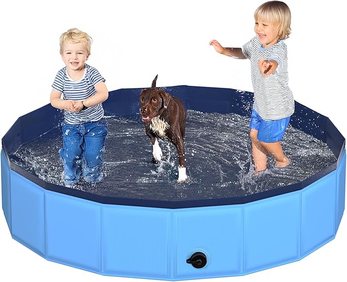 63" x 12" Foldable Dog Pool - Collapsible Hard Plastic Kiddie Pool for Dogs & Kids, Non-Slip Pet Bath Tub for Outdoor Backyard Use, Lightweight & Portable (Blue)-PurrikoPets