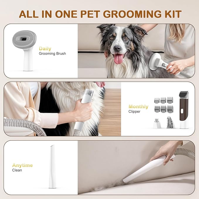 Dog Grooming Vacuum, Dog Grooming Kit with Pet Clipper Nail Grinder, 3 Suction Modes Dog Brush Vacuum with 6 Pet Grooming Tools (Coffee)-PurrikoPets