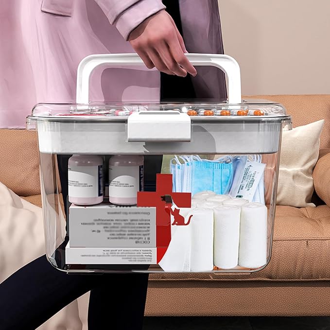 2 Layers Dog First Aid Kit box,Large First Aid Kit Bin,Medic Box for Dog Cat,Empty First Aid Box,Medicine Organizer with Built in Handle,Family or Dog Travel Camping Emergency Tool Set-PurrikoPets