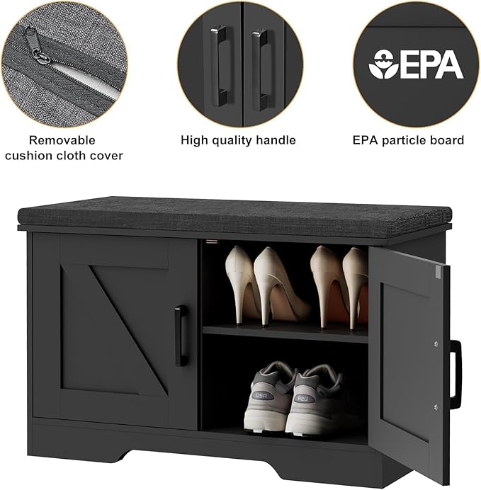 2-Tier Storage Bench, Shoe Bench with Padded Seat Cushion, Entryway Bench with 2 Barn Doors, Adjustable Shelf, 13.8" D x 27.6" W x 17.7" H, for Entryway, Living Room, Bedroom, Black-PurrikoPets