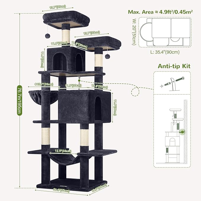 Globlazer Cat Tree Tower, 76-Inch Extra Tall Multi-Level Cat Furniture with Cozy Condos, Hammock and Perches for Adult Cats, Perfect for Climbing, Scratching, and Play, F76, Dark Grey-PurrikoPets
