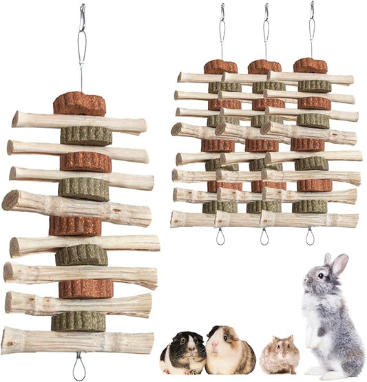 4 PCS Rabbit Chew Toys for Teeth Grinding, Delicious Bunny Cage Hanging Chew Toys, Natural Sweet Bamboo Chew Sticks and Timothy Grass Cake Hay Treats Maintaining Healthy Teeth for Rabbits-PurrikoPets
