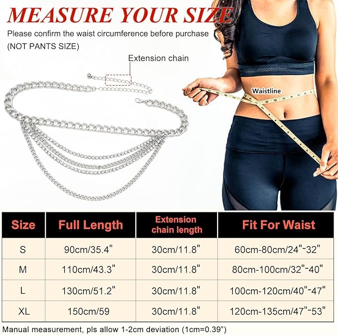 Suyi Multilayer Chain Belt Rhinestone Metal Chain Belts for Women Punk Gold Waist Chain