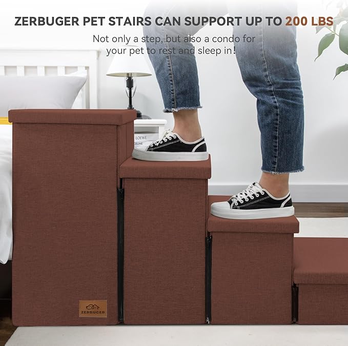 Dog Stairs with Storage 23" H, 4-Step Wider Dog Steps for High Beds Window, Folding Sturdy Pet Stairs Gift for Small/Medium/Large Old Dogs Cats, Ramp for Climbing Car Up to 200 lbs, Brown-PurrikoPets
