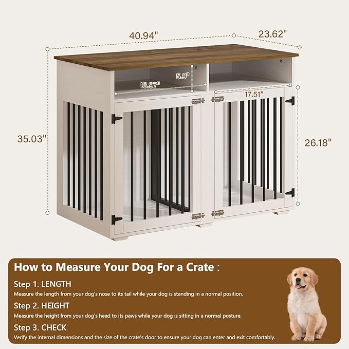 Furniture Dog Crate for 2 Dogs, 41 Inch Dog Kennel Furniture with Removable Divider and Shelf Storage, Wooden Dog Crate for Small/Medium Dogs, White-PurrikoPets