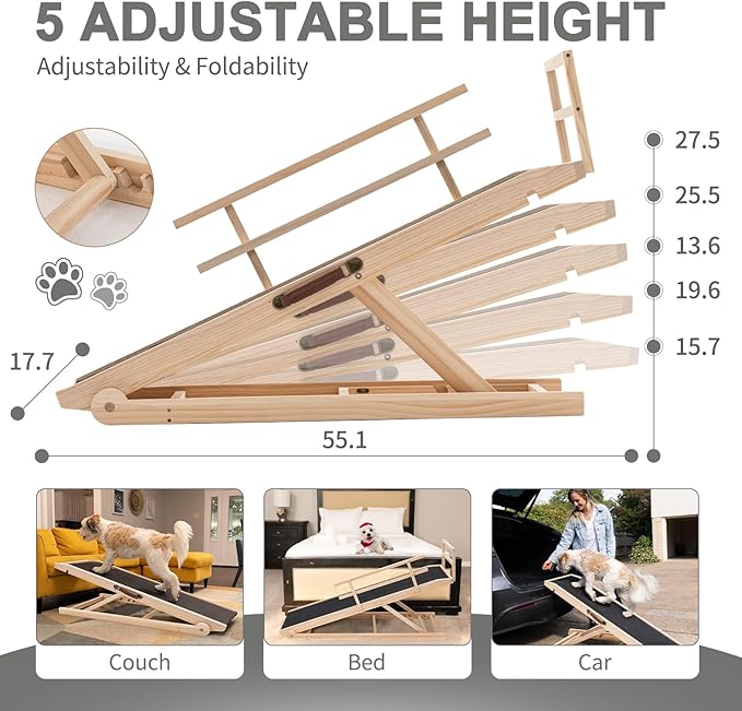 ABORON Antislip Wooden Dog Ramp for High Bed Couch Car, 5-Level Adjustable Folding Pet Ramp for Small & Large Old Dogs & Cats, 17.7" Extra Wide 51" Long, Rubber Mat, Supports up to 200 lbs-PurrikoPets