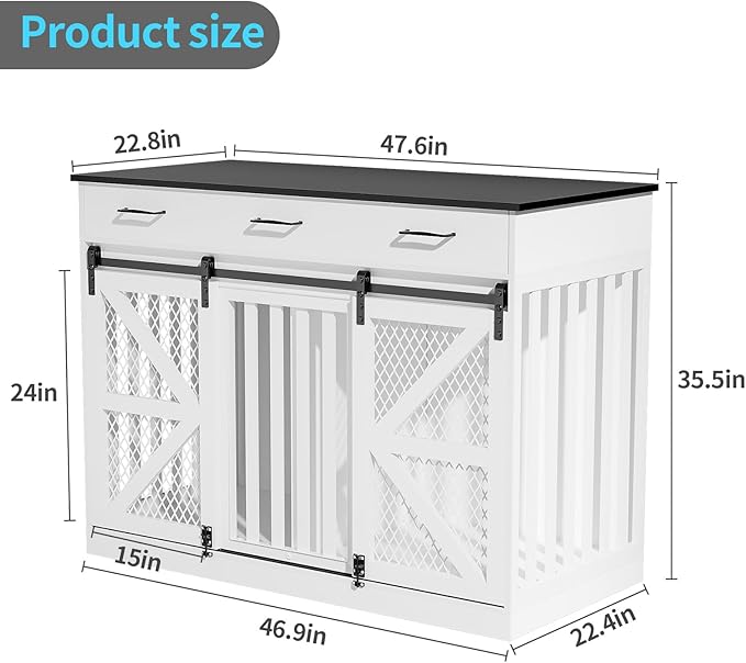 48'' Dog Crate Furniture with Divider&Storage Drawers, Wooden Double Dog Kennel Furniture End Table with Sliding Barn Doors, White Double Dog Crate TV Stand-PurrikoPets