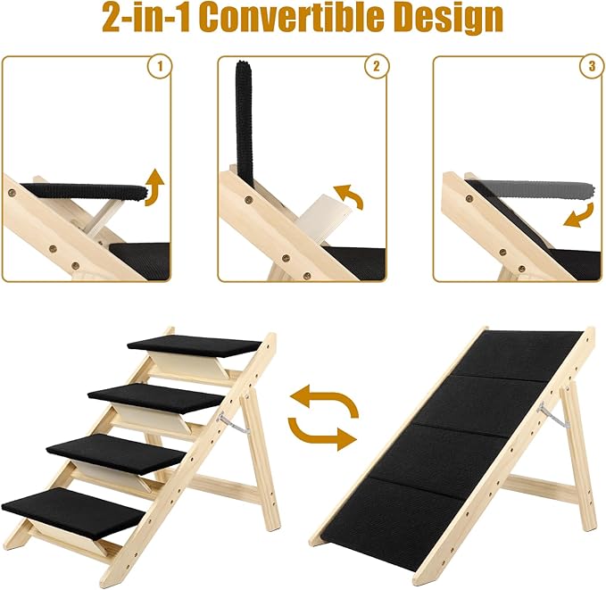 Foldable Dog Stairs/Ramp with 4 Steps - Durable Wooden Pet Stairs for Small, Medium, Large Dogs - Black (5098)-PurrikoPets