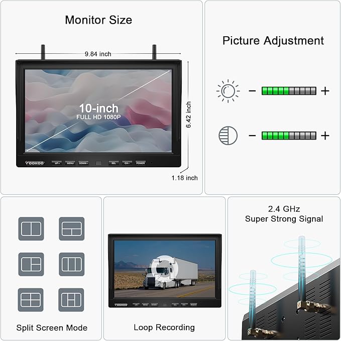 Fookoo 1080P 10" Magnetic Wireless Backup Camera 10" HD Split Screen Monitor,Rechargeable 2 Side View 2 Rear View Cameras,Low Consumption 1-Min DIY Install No Drilling for RV Trailer Truck DCX104-PurrikoPets