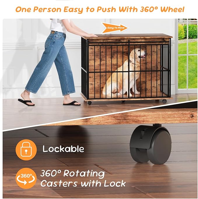 43.7" Dog Crate Furniture, XL Dog Crate Dog Kennel Indoor with Wheels for Large Medium Small Dogs, Wooden Dog Kennel End Table with Sliding Door Wooden Furniture Crates for Living Room, Bedroom-PurrikoPets