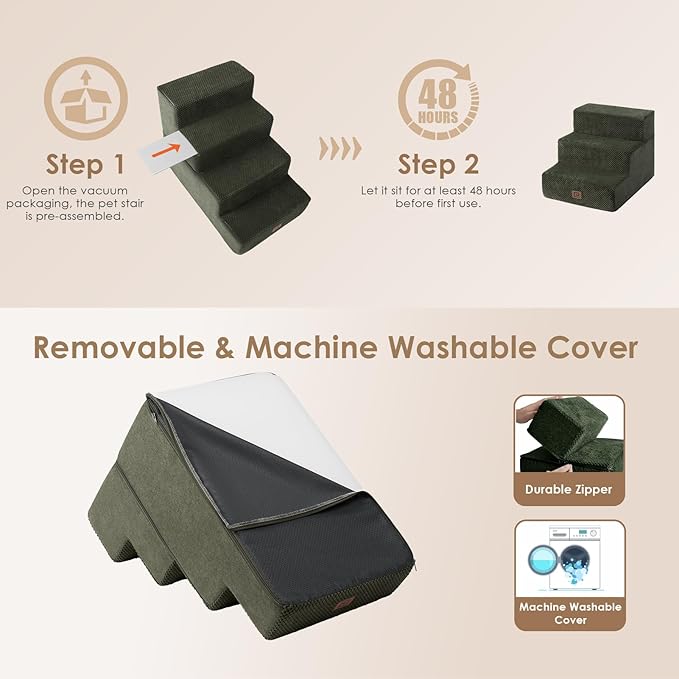 EHEYCIGA Dog Stairs for Small Dogs 13.5" H, 3-Step Dog Steps for Couch Sofa and Chair, Pet Steps for Medium Cats, Non-Slip Balanced Pet Ramp Indoor, Olive Green-PurrikoPets
