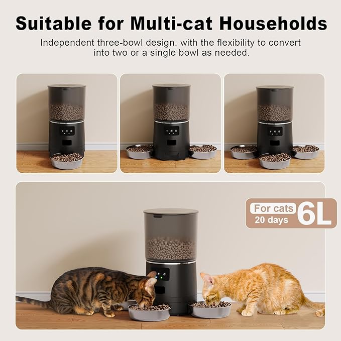 3-Cat Automatic Pet Feeder, 6L WiFi Cat Food Dispenser with APP Control, 1-10 Meal Programmable, Voice Recorder, Smart Alerts, Stainless Steel Bowls for Cats and Small Dogs (Black)-PurrikoPets