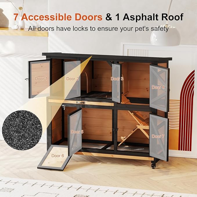 47.3" Two Story Rabbit Cage Bunny Cage Indoor, Wooden Rabbit Hutch Hamster Cages for Small Animals, Outdoor Guinea Pig Cages with Wheels & 2 Removable Trays & Bottom Wire Mesh-PurrikoPets