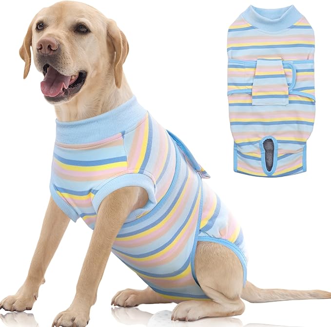 FUAMEY Recovery Suit for Dogs After Surgery,Soft Breathable Dog Bodysuit E-Collar & Cone Alternative Surgical Suit,Male Female Dog Neuter Spay Suits Anti Licking Wounds Onesie Blue Yellow Stripes XXL-PurrikoPets