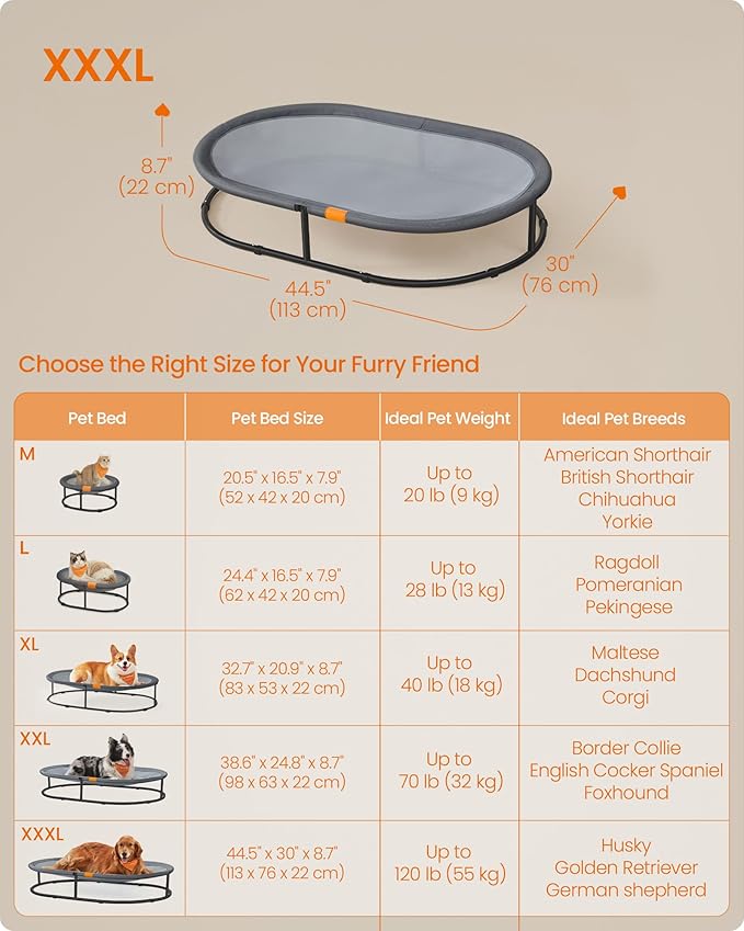 Feandrea Pet Bed, Cat Hammock, Elevated Cat Bed for Multiple Cats, with Removable Washable Mesh, for Pets up to 120 lb, Oval, Gray UPCB005G01-PurrikoPets