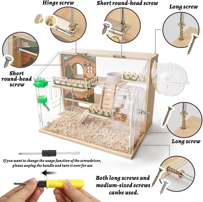 11 in 1 Wooden Hamster Cage with All Accessories, 15.8 Inch 3-Layer Dwarf Hamster Cage Acrylic,Small Animal Cages, Pastoral Style Mouse Cage for Pet Mice, Hedgehog, with Stairs, Fences and Swing-PurrikoPets