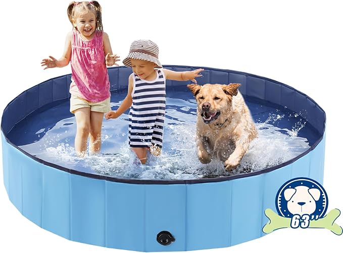 Foldable Dog Bath Swimming Pool Plastic Kiddie Pool Professional Tub Collapsible Grooming Bathtub for Pets Kids Baby and Toddler, 63 x 12 Inches Blue-PurrikoPets