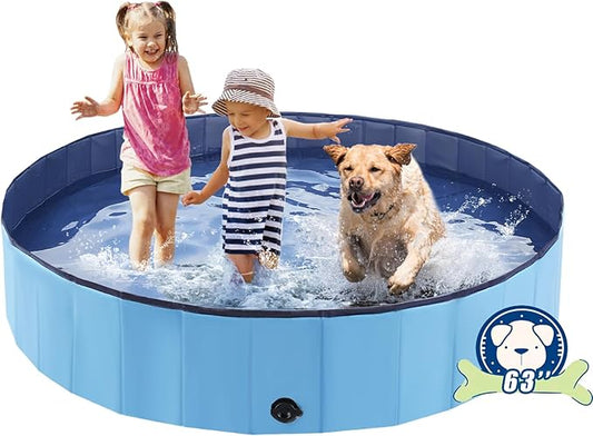 Foldable Dog Bath Swimming Pool Plastic Kiddie Pool Professional Tub Collapsible Grooming Bathtub for Pets Kids Baby and Toddler, 63 x 12 Inches Blue-PurrikoPets