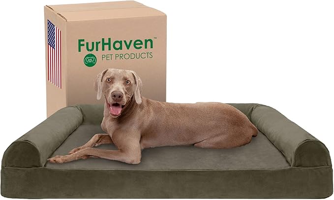 Furhaven Cooling Gel Dog Bed for Large Dogs w/ Removable Bolsters & Washable Cover, For Dogs Up to 125 lbs - Faux Fur & Velvet Sofa - Dark Sage, Jumbo Plus/XXL-PurrikoPets