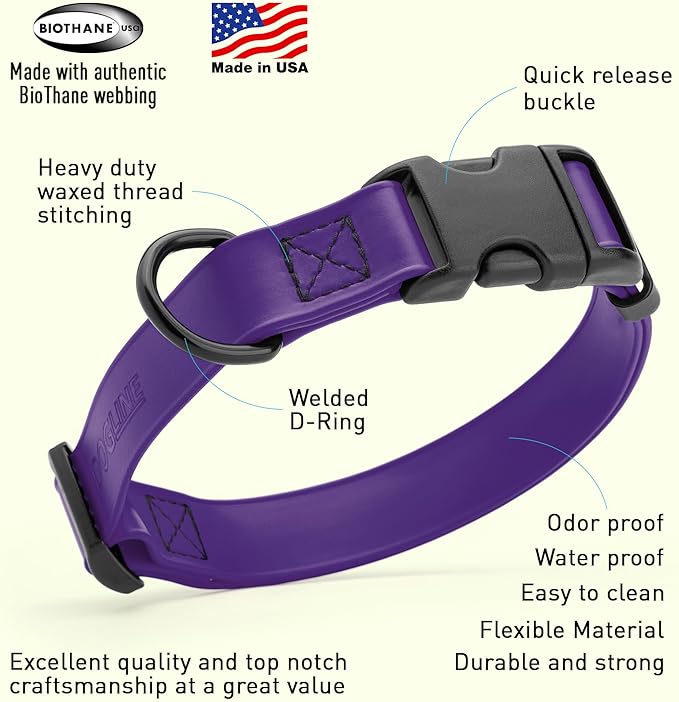 Dogline Biothane Waterproof Dog Collar with Quick Release Buckle Strong Coated Nylon Webbing with Odor- Proof for Easy Care Easy to Clean Fits Small Medium Large Dogs, Purple 3/4" W 12-19" L-PurrikoPets