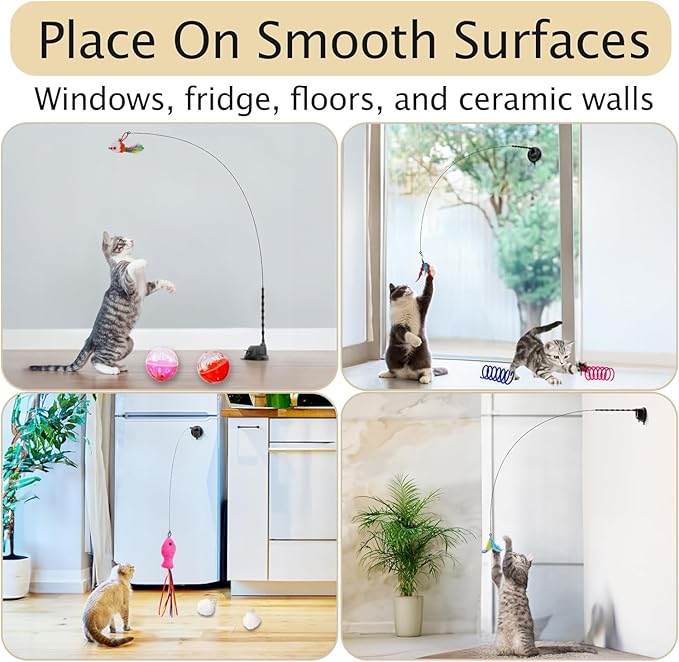 22Pcs 5-in-1 Cat Toys Interactive Cat Toy for Indoor Cats with Sticky Super Suction Cup Detachable Replacements Feathers Balls Mice Spring 3 Wand Hanging Door Kitten Toys-PurrikoPets
