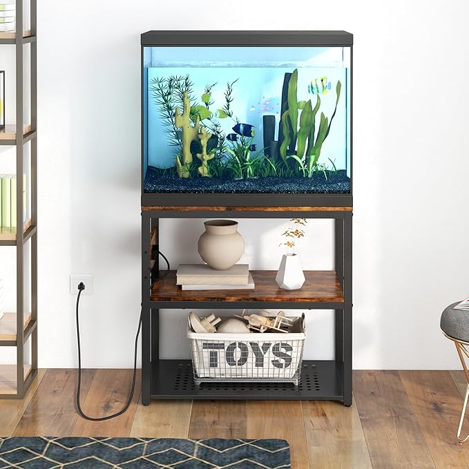 20-29 Gallon Fish Tank Stand With Power Outlets, 3-Tier Metal Aquarium Stands, Breeder Reptile Tank Stand with Shelf for Home Office, 660LBS Capacity, 29.5 x 15.8 x 30.1 inches, Brown-PurrikoPets