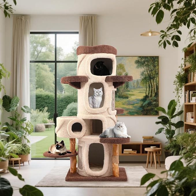 69.69'' Modern Cat Tree for Indoor Cats Large Adult, Luxury Cat Tower with Scratching Post, Multi Level Spacious Condo, Heavy Duty Kitty House, Sturdy Cat Activity Center for Large Cat-PurrikoPets