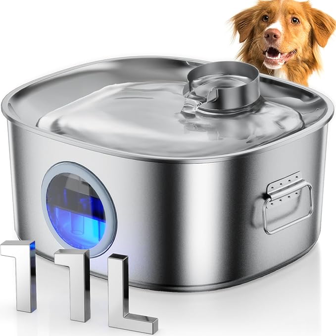 Dog Water Fountain Stainless Steel, 11L/2.8Gal Large Pet Water Fountain for Large Dogs Inside, Dog Fountain Water Bowl Automatic Dispenser with Visible Window & LED, Ultra Quiet for Dogs and Multi-Pet-PurrikoPets
