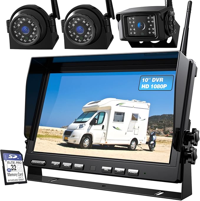1080P Wireless Backup Camera System with 10 Inch DVR 4 Split Monitor, IP69 Waterproof Stable Signal Record Wireless 1 Rear and 2 Side View Cameras for RV Truck Trailer Camper (BW103)-PurrikoPets