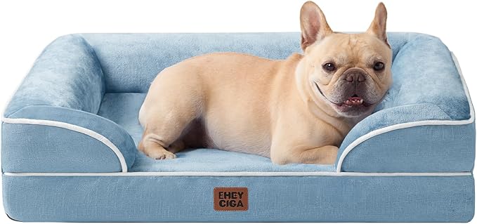 EHEYCIGA Orthopedic Dog Bed for Medium Dogs, Waterproof Memory Foam Medium Dog Beds with Sides, Non-Slip Bottom and Egg-Crate Foam Pet Couch Bed with Washable Removable Cover, Washed Blue-PurrikoPets