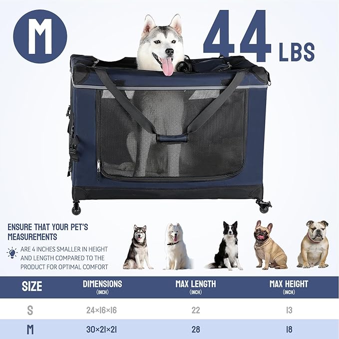 30IN Soft Collapsible Dog Crate w Detachable Wheels, Rolling Travel Dog Crate for Medium Breed Dogs, Portable Dog Kennel with Mesh Windows, Indoor & Outdoor Uses-PurrikoPets