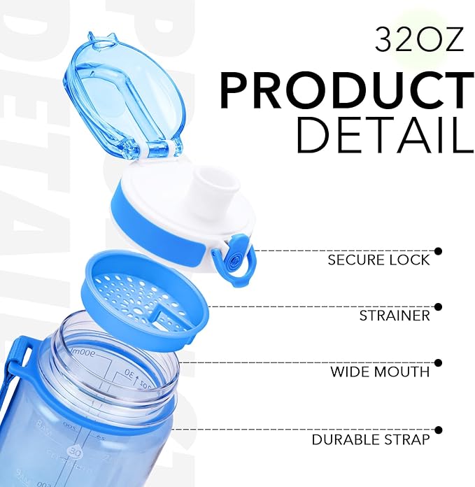 32oz Motivational Water Bottles with Time Marker & Fruit Strainer, Transparent Gradient Color Water Bottle with Times to Drink, Leakproof & BPA Free, Reusable Bottle with Strap (No Straw)-PurrikoPets