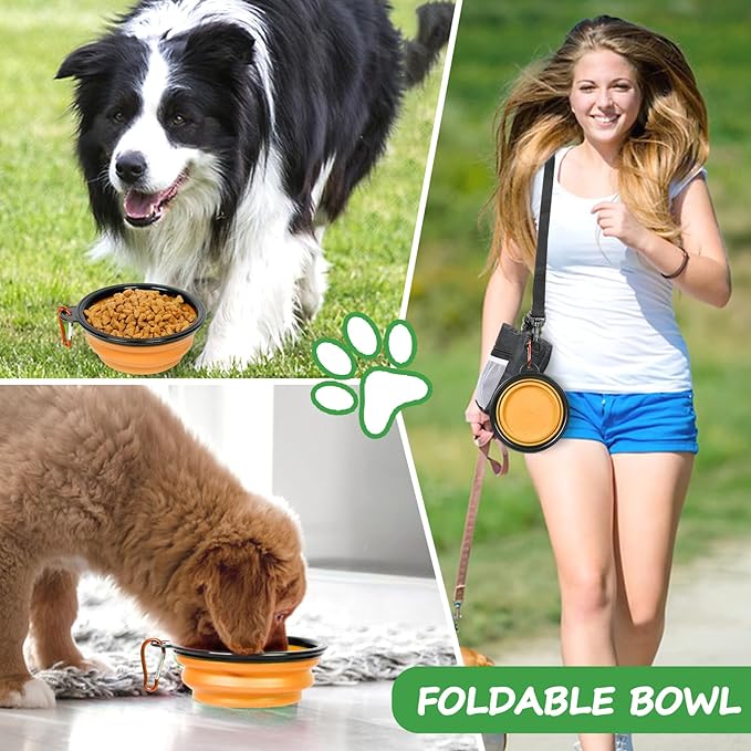 Dog Treat Pouch Pet Training Kit - Silicone Treat Bag Magnetic Closure, Puppy Training Clicker, Dog Whistle, Dog Water Bowls, Poop Bags & Holder, 4 Ways to Wear Walking Fanny Pack - Orange-PurrikoPets