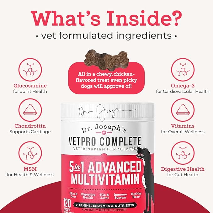 Dr. Joseph's VetPro Complete Multivitamin Dog Supplement, 120 Count (Large Dog 60 Day Supply), 5in1 Chew with Vitamins, Enzymes & Nutrients, Hip & Joint Health, Immune System & Allergy Support-PurrikoPets