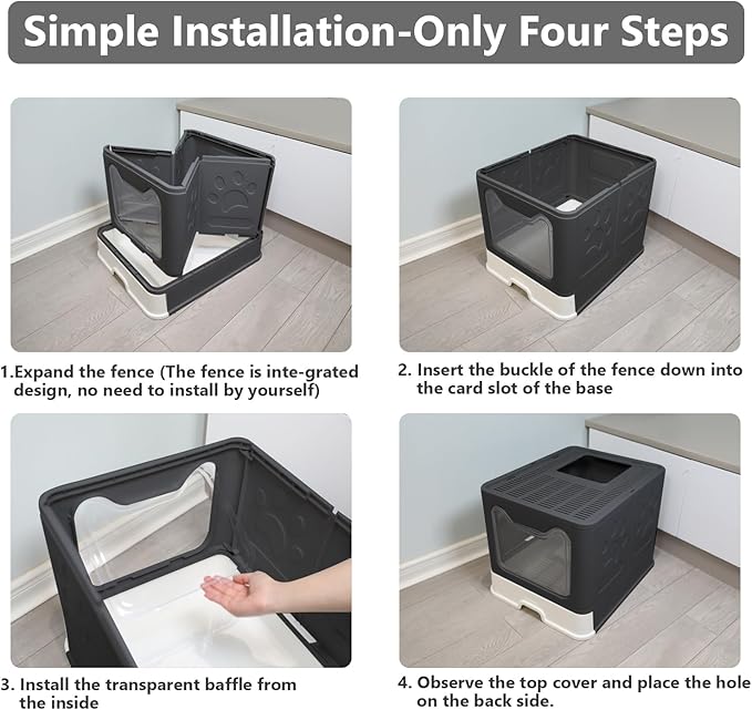 Foldable Cat Litter Box with Lid, Enclosed Potty, Large Top Entry Anti-Splashing Toilet, Easy to Clean Including Litter Scoop and 2-in-1 Cleaning Brush (Black)-PurrikoPets