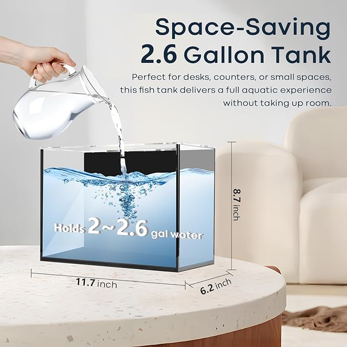 2.6 Gallon Glass Fish Tank Cube, Small Aquarium Fish Bowl for Betta Goldfish Snails Shrimp Aquatic Planting, Easy to Maintain Ultra Clear Rimless Design for Desktop Small Spaces-PurrikoPets