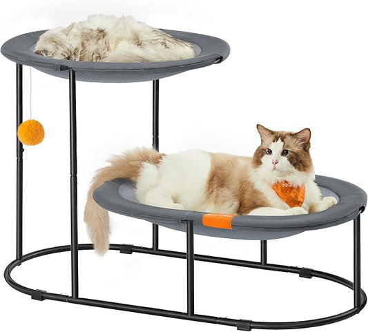 Feandrea 2-Tier Elevated Cat Hammock Bed, Breathable Furniture for Multi-Cat Households Indoor and Outdoor, with Removable Washable Mesh, Steel Frame, for Summer, Dove Gray UPCB012G01-PurrikoPets