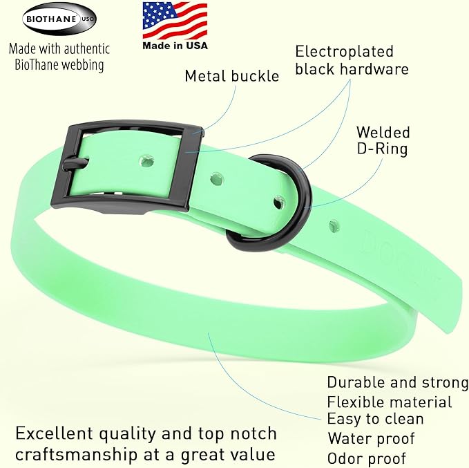 Dogline Biothane Waterproof Dog Collar Strong Coated Nylon Webbing with Black Hardware Odor- Proof for Easy Care Easy to Clean High Performance Fits Small Medium or Large Dogs, Sea Foam Green-PurrikoPets