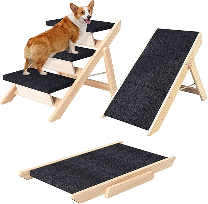 Dog Stairs/Ramp for Bed, Wooden Convertible Pet Steps, Portable Dog Ladder Up to 180 Pound for Elderly/Short-Legged Dogs, 3 Steps for Beds, Couch, Cars-PurrikoPets