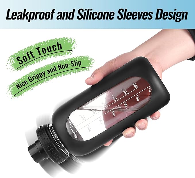 32 oz Glass Water Bottle with Straw and Handle, Sports Motivational Water Flask with Silicone Sleeve, Large Leakproof Water Flask Cup with Time Marker for Travel, Gym, Black-PurrikoPets