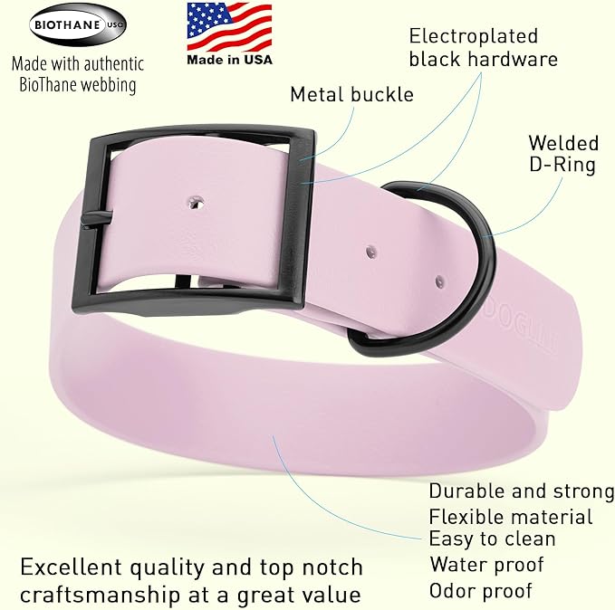 Dogline Biothane Waterproof Dog Collar Strong Coated Nylon Webbing with Black Hardware Odor- Proof for Easy Care Easy to Clean High Performance Fits Small Medium or Large Dogs, Pastel Purple-PurrikoPets