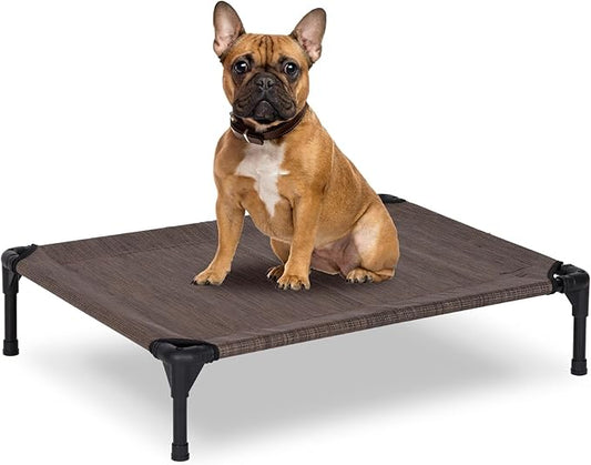 Elevated Dog Bed for Outdoor, Medium Raised Dog Cot with Washable Mesh, Cooling Pet Cot Chew Proof for Outside Camping, 32"x25" Brown-PurrikoPets