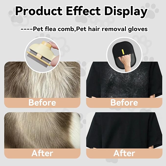 2 Pet Hair Removal Gloves, 2 Flea Combs for Cats and Dog，Reusable Electrostatic Gloves and Long & Short Flea Combs, 4 PCS pet hair removal tools-PurrikoPets