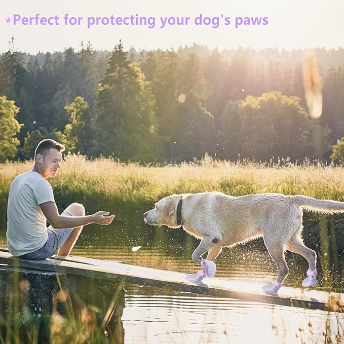 Dog Shoes, Dog Sandals for Hot Pavement, Non-Slip Waterproof Dog Booties for Winter Snowy Day and Summer, Adjustable Straps Easy-Clean Beach Outdoor Pet Boots Rugged Sole-4Pcs Purple-PurrikoPets