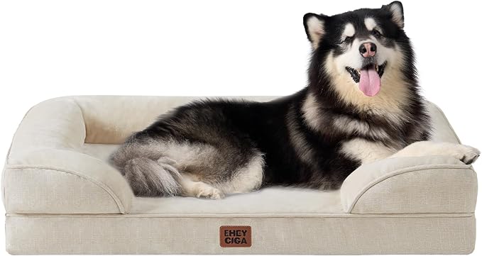 EHEYCIGA Orthopedic XL Dog Beds, Waterproof Memory Foam Dog Bed for Extra Large Dogs, Non-Slip Bottom and Egg-Crate Foam Big Pet Couch Bed with Washable Removable Cover, Beige-PurrikoPets