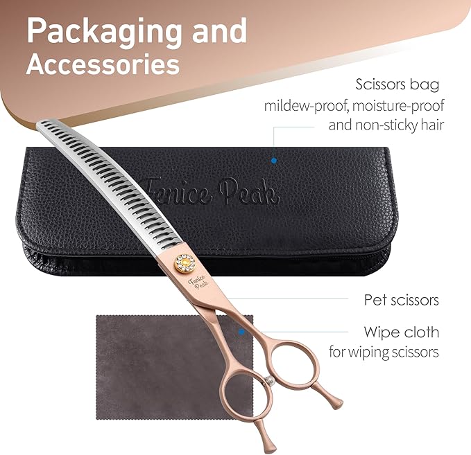 Fenice Peak Professional Curved Chunker Dog Grooming Scissors 8.0'' Rose Gold Thinning Shears Extremely Sharp Blades 440C Stainless Steel Thinning Shears Durable Smooth Fine Cut for Dogs and Cats.-PurrikoPets