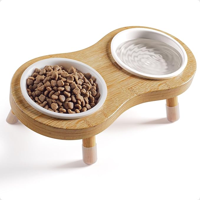 Elevated Cat Bowls - Set of 2 Ceramic Pet Food Bowls with Anti-Slip Bamboo Stand - 15 Degree Titled - Raised Dog Bowl for Small Dogs - Raised Cat Bowl Stand - Pet Feeding Station for Cats & Small Dogs-PurrikoPets