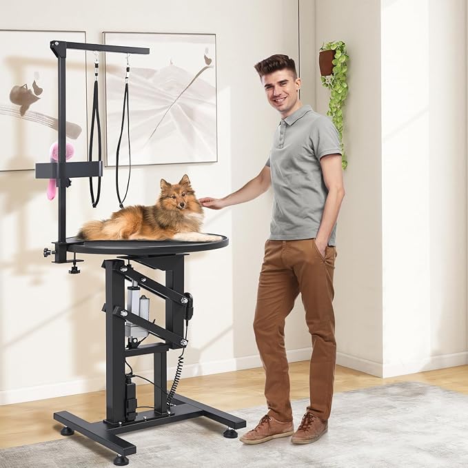 Electric Hydraulic Lift Pet Dog Grooming Table, 24Inch 360° Rotating Grooming Desktop for Small Dogs, with Overhead Arm, Wireless Remote, Tool Organizer, Black-PurrikoPets